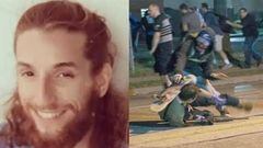 Anthony Huber, skater de Kenosha, a la izquierda en una foto de perfil y a la derecha atacando al joven que disparaba a manifestantes con su tabla de skate. 