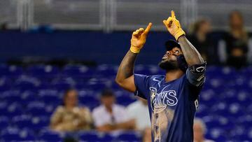 Aug 30, 2022; Miami, Florida, USA; Tampa Bay Rays left fielder Randy Arozarena (56) reacts at home plate after hitting a home run during the eighth inning against the Miami Marlins at loanDepot Park. Mandatory Credit: Sam Navarro-USA TODAY Sports