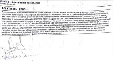 The complaint referee Dario Herrera made to police after a Lanus player threatened to kill him during a match.