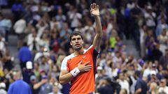 El tenista español Carlos Alcaraz celebra su victoria ante Casper Ruud en la final del US Open 2022.