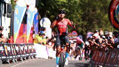 BURGOS, SPAIN - AUGUST 02: Santiago Buitrago Sanchez of Colombia and Team Bahrain Victorious celebrates winning during the 44th Vuelta a Burgos 2022- Stage 1 a 157km stage from Catedral de Burgos to Mirador del Castillo, Burgos / #VueltaBurgos / on August 02, 2022 in Burgos, Spain. (Photo by Gonzalo Arroyo Moreno/Getty Images)