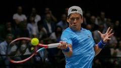 BOLOGNA, ITALY - SEPTEMBER 16: Sebastian Baez of Argentina returns a forehand to Matteo Berrettini of Italy during the Davis Cup Group Stage 2022 Bologna match between Italy and Argentina at Unipol Arena on September 16, 2022 in Bologna, Italy. (Photo by Giampiero Sposito/Getty Images)
