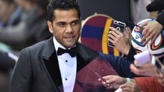 (FILES) Brazil and FC Barcelona defender Dani Alves poses on the red carpet as he arrives for the 2015 FIFA Ballon d'Or award ceremony at the Kongresshaus in Zurich on January 11, 2016. A Spanish court on February 22, 2024 sentenced former Brazil international Dani Alves to four and a half years in prison after finding him guilty of raping a young woman at a Barcelona nightclub in December 2022. (Photo by MICHAEL BUHOLZER / AFP)