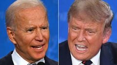 (COMBO) In this file combination of pictures created on September 29, 2020 Democratic Presidential candidate and former US Vice President Joe Biden (L) and US President Donald Trump speak during the first presidential debate at the Case Western Reserve Un
