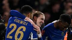 Soccer Football - FA Cup - Fifth Round - Chelsea v Leeds United - Stamford Bridge, London, Britain - February 28, 2024  Chelsea's Conor Gallagher celebrates scoring their third goal with Nicolas Jackson and Levi Colwill REUTERS/Tony Obrien