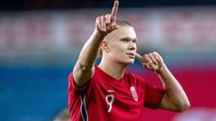 Norwegian forward Erling Braut Haaland cheers during the private international match in men&#039;s soccer between Norway and Slovakia at Ullevaal Stadium in Oslo on March 25, 2022. (Photo by Javad Parsa / NTB / AFP) / Norway OUT