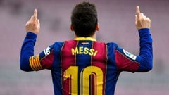 (FILES) In this file photo taken on May 16, 2021 Barcelona&#039;s Argentine forward Lionel Messi celebrates after scoring a goal during the Spanish League football match between FC Barcelona  and RC Celta de Vigo at the Camp Nou stadium in Barcelona on Ma