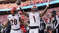 Jan 30, 2022; Kansas City, Missouri, USA; Cincinnati Bengals wide receiver Ja&#039;Marr Chase (1) reacts after making a catch for a touchdown against the Kansas City Chiefs during the third quarter of the AFC Championship Game at GEHA Field at Arrowhead S