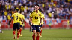 Colombia�s James Rodriguez (10) celebrates his goal during the international friendly football match between Colombia and Guatemala at Red Bull Arena in Harrison, New Jersey, on September 24, 2022. (Photo by Andres Kudacki / AFP)