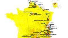 Plano con el recorrido del Tour de Francia 2022, con inicio en Dinamarca, una etapa sobre adoquines y las llegadas en alto a La Planche Belles Filles, Granon, Alpe d&#039;Huez, Peyragudes y Hautacam.