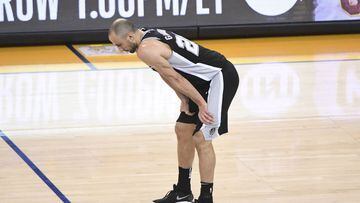 April 24, 2018; Oakland, CA, USA; San Antonio Spurs guard Manu Ginobili (20) reacts during the fourth quarter in game five of the first round of the 2018 NBA Playoffs against the Golden State Warriors at Oracle Arena. Mandatory Credit: Kyle Terada-USA TOD