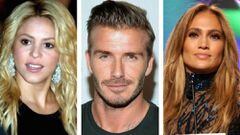 Shakira, David Beckham y Jennifer L&oacute;pez. Imagen: Wikipedia