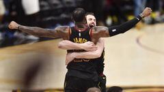 May 5, 2018; Cleveland, OH, USA; Cleveland Cavaliers forward LeBron James (23) and center Kevin Love (0) celebrate after James hit the final shot to win the game against the Toronto Raptors in game three of the second round of the 2018 NBA Playoffs at Qui