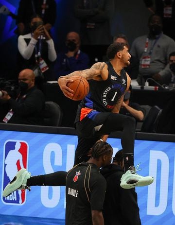 Obi Toppin of the New York Knicks competes in the 2021 NBA All-Star - AT&T Slam Dunk Contest during All-Star Sunday Night
