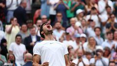 Tennis - Wimbledon - All England Lawn Tennis and Croquet Club, London, Britain - July 8, 2023 Spain's Carlos Alcaraz celebrates after winning his third round match against Chile's Nicolas Jarry REUTERS/Toby Melville