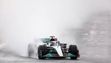 SUZUKA, JAPAN - OCTOBER 07: George Russell of Great Britain driving the (63) Mercedes AMG Petronas F1 Team W13 on track during practice ahead of the F1 Grand Prix of Japan at Suzuka International Racing Course on October 07, 2022 in Suzuka, Japan. (Photo by Bryn Lennon - Formula 1/Formula 1 via Getty Images)