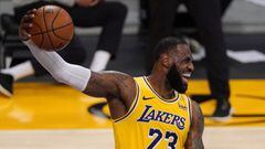 Los Angeles Lakers forward LeBron James jokes around during the overtime period of an NBA basketball game against the Oklahoma City Thunder Monday, Feb. 8, 2021, in Los Angeles. The Lakers won 119-112 in overtime. (AP Photo/Mark J. Terrill)