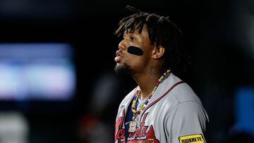 Aug 28, 2023; Denver, Colorado, USA; Atlanta Braves right fielder Ronald Acuna Jr. (13) in the dugout in the ninth inning against the Colorado Rockies at Coors Field. Mandatory Credit: Isaiah J. Downing-USA TODAY Sports