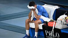 El tenista serbio Novak Djokovic llora de emoción con una toalla tras ganar a Stefanos Tsitsipas en la final del Open de Australia 2023.