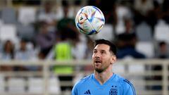 (FILES) In this file photo taken on November 14, 2022, Argentina's forward Lionel Messi controls a ball during a training camp in Abu Dhabi ahead of the Qatar 2022 FIFA football World Cup, at the Nahyan Stadium. (Photo by Karim SAHIB / AFP)