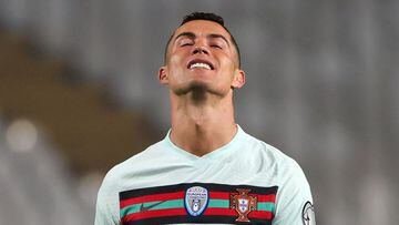 BELGRADE, SERBIA - MARCH 27: Cristiano Ronaldo of Portugal  reacts  during the FIFA World Cup 2022 Qatar qualifying match between Serbia and Portugal at FK Crvena Zvezda stadium on March 27, 2021 in Belgrade, Serbia. Sporting stadiums around Serbia remain under strict restrictions due to the Coronavirus Pandemic as Government social distancing laws prohibit fans inside venues resulting in games being played behind closed doors.  (Photo by Srdjan Stevanovic/Getty Images)