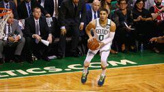 BOSTON, MA - MAY 23: Jayson Tatum #0 of the Boston Celtics pulls up to shoot the ball in the first half against the Cleveland Cavaliers during Game Five of the 2018 NBA Eastern Conference Finals at TD Garden on May 23, 2018 in Boston, Massachusetts. NOTE 