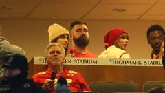 Jan 21, 2024; Orchard Park, New York, USA; Taylor Swift (right) and Jason Kelce (left) in the suites before the 2024 AFC divisional round game between the Kansas City Chiefs and Buffalo Bills at Highmark Stadium. Mandatory Credit: Mark J. Rebilas-USA TODAY Sports