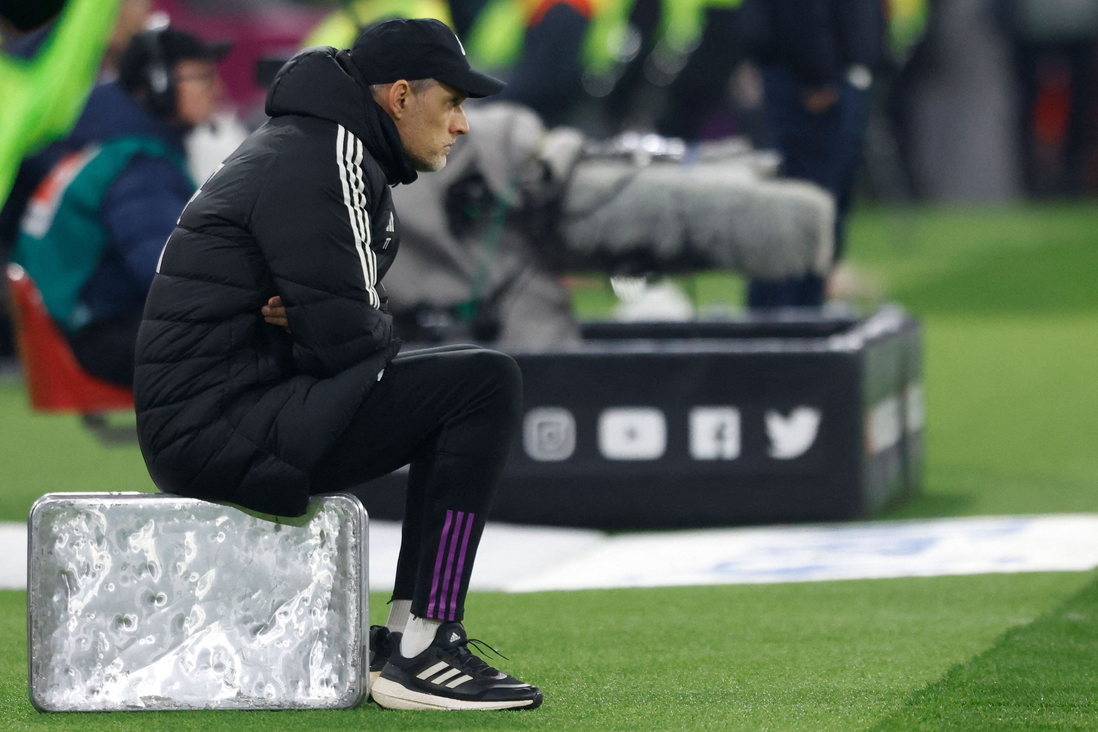 Bayern Munich's German head coach Thomas Tuchel follows the action from the sidelines during the German first division Bundesliga football match between FC Bayern Munich and RB Leipzig in Munich, southern Germany on February 24, 2024. (Photo by MICHAELA STACHE / AFP) / DFL REGULATIONS PROHIBIT ANY USE OF PHOTOGRAPHS AS IMAGE SEQUENCES AND/OR QUASI-VIDEO