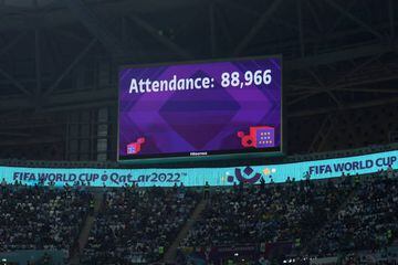 LUSAIL CITY, QATAR - NOVEMBER 26: The LED board shows the the attendance of 88,966 during the FIFA World Cup Qatar 2022 Group C match between Argentina and Mexico at Lusail Stadium on November 26, 2022 in Lusail City, Qatar. (Photo by Alex Grimm/Getty Images)
