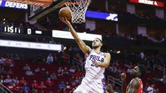 Oct 30, 2017; Houston, TX, USA; Philadelphia 76ers guard Ben Simmons (25) scores a basket during the first quarter against the Houston Rockets at Toyota Center. Mandatory Credit: Troy Taormina-USA TODAY Sports