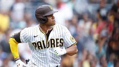 SAN DIEGO, CA - AUGUST 04:   Juan Soto #22 of the San Diego Padres triples in the sixth inning during the game between the Colorado Rockies and the San Diego Padres at Petco Park on Thursday, August 4, 2022 in San Diego, California. (Photo by Michael Owens/MLB Photos via Getty Images)