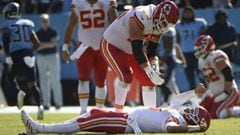 Oct 24, 2021; Nashville, Tennessee, USA;  Kansas City Chiefs quarterback Patrick Mahomes (15) lays on the ground after taking a hit against the Tennessee Titans during the second half at Nissan Stadium. Mandatory Credit: Steve Roberts-USA TODAY Sports