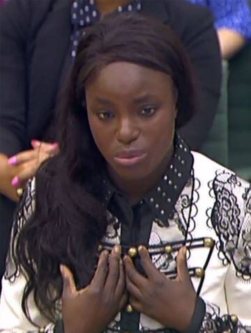 In a still image take from footage broadcast by the UK Parliamentary Recording Unit of Eniola Aluko as she gives evidence to the Digital, Culture, Media and Sport select committee of MPs at the Houses of Parliament in London on October 18, 2017.