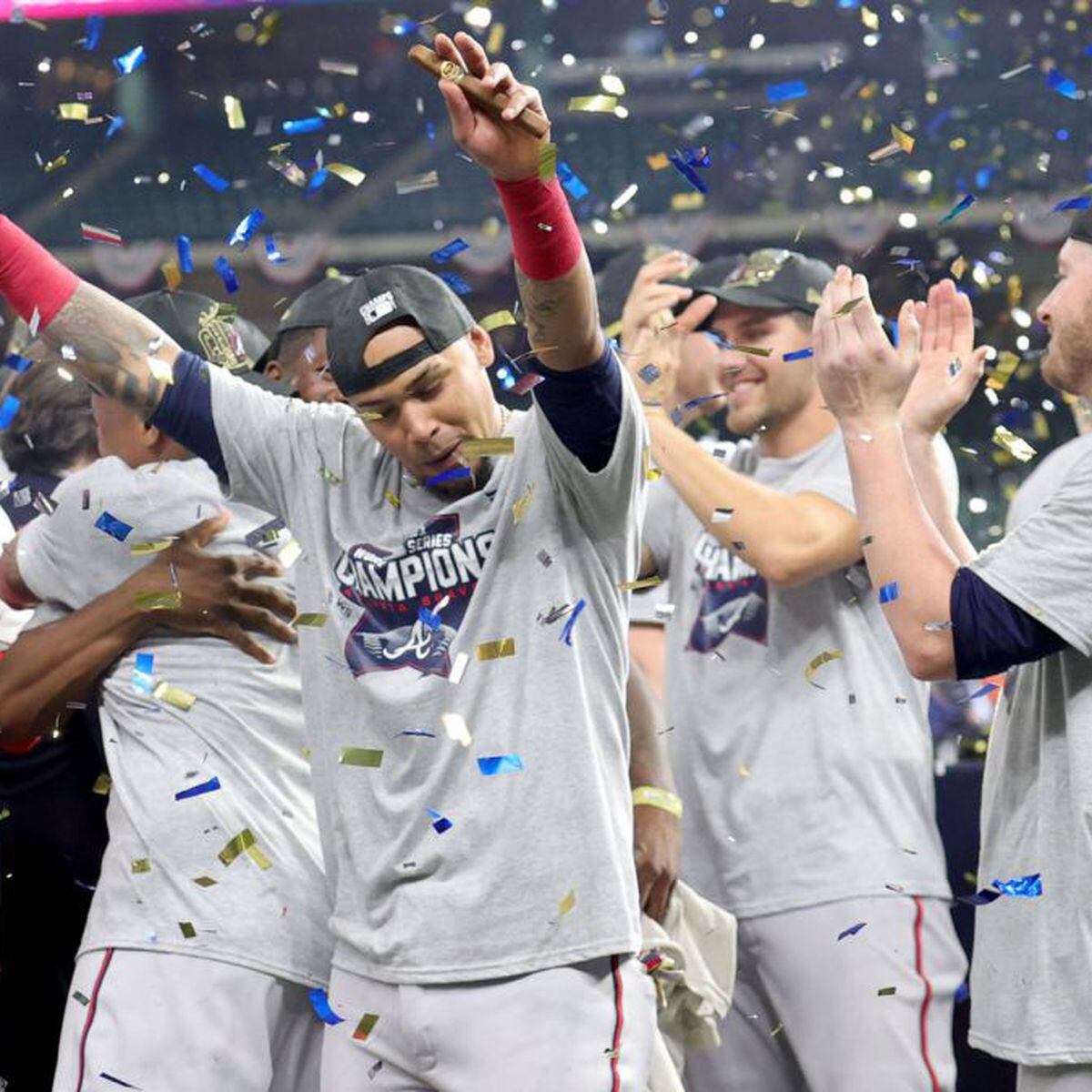 Atlanta Braves players walk out on red carpet at Truist Park