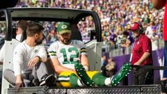Oct 15, 2017; Minneapolis, MN, USA; Green Bay Packers quarterback Aaron Rodgers (12) is taken off the field on a cart in the first quarter against the Minnesota Vikings at U.S. Bank Stadium. Mandatory Credit: Brad Rempel-USA TODAY Sports