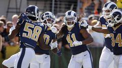 Oct 15, 2017; Jacksonville, FL, USA; Los Angeles Rams wide receiver Pharoh Cooper (10) is congratulated by teammates after running back the opening kick-off for a touchdown during the first quarter of a football game against the Jacksonville Jaguars at EverBank Field. Mandatory Credit: Reinhold Matay-USA TODAY Sports