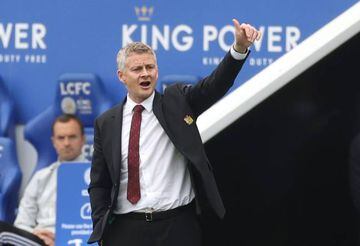 Manchester United's Norwegian manager Ole Gunnar Solskjaer gestures from the touchline during the English Premier League football match between Leicester City and Manchester United at King Power Stadium in Leicester, central England on July 26, 2020.