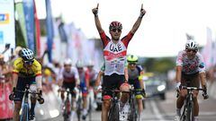 LIMOGES, FRANCE - AUGUST 18: Diego Ulissi of Italy and UAE Team Emirates celebrates at finish line as stage winner ahead of Alex Aranburu Deba of Spain and Movistar Team - Yellow Leader Jersey (L) and Greg Van Avermaet of Belgium and AG2R Citröen Team (R) during the 55th Tour du Limousin - Nouvelle Aquitaine 2022 - Stage 3 a 181,7km stage from Donzenac to Malemort / #TDL2022 / on August 18, 2022 in Limoges, France. (Photo by Dario Belingheri/Getty Images)