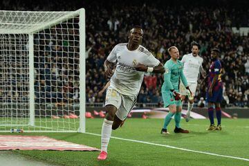 Vinicius wheels away after after scoring the opener in Sunday's Clásico.