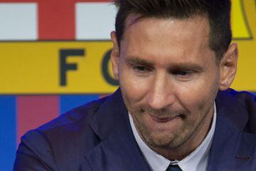 Messi fights back the tears during his emotional farewell press conference on Sunday.