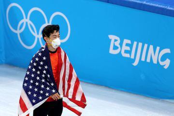 BEIJING, CHINA - FEBRUARY 10: Gold medalist Nathan Chen of Team United States celebrates during the Men Single Skating flower ceremony on day six of the Beijing 2022 Winter Olympic Games at Capital Indoor Stadium on February 10, 2022 in Beijing, China. (P