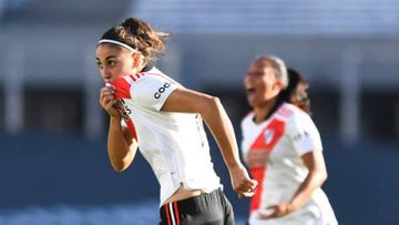 BUENOS AIRES, ARGENTINA - MARCH 27: Martina Del Trecco of River Plate celebrates the equalizer of her team during a match between River Plate and Boca Juniors as part of the Women's First Division League at Estadio Monumental Antonio Vespucio Liberti on March 27, 2022 in Buenos Aires, Argentina. (Photo by Rodrigo Valle/Getty Images)