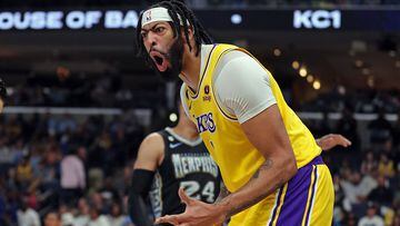 MEMPHIS, TENNESSEE - FEBRUARY 28: Anthony Davis #3 of the Los Angeles Lakers reacts during the first half against the Memphis Grizzlies at FedExForum on February 28, 2023 in Memphis, Tennessee. NOTE TO USER: User expressly acknowledges and agrees that, by downloading and or using this photograph, User is consenting to the terms and conditions of the Getty Images License Agreement.   Justin Ford/Getty Images/AFP (Photo by Justin Ford / GETTY IMAGES NORTH AMERICA / Getty Images via AFP)