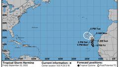 USA387. MIAMI (FL, EEUU), 23/09/2022.- Imagen cedida hoy, por la Oficina Nacional de Administración Oceánica y Atmosférica de Estados Unidos (NOAA), a través del Centro Nacional de Huracanes (NHC), en la que se registra el pronóstico de cinco días del paso de la tormenta tropical Hermine en el Atlántico. La tormenta tropical Hermine, octava de la actual temporada ciclónica en el Atlántico, se formó este viernes al noreste de las islas africanas de Cabo Verde, con un pronóstico de fuertes lluvias para las Islas Canarias (España), mientras otros sistemas mantiene en alerta a Canadá y el centro del Mar Caribe. EFE/NOAA-NHC /SOLO USO EDITORIAL /NO VENTAS /SOLO DISPONIBLE PARA ILUSTRAR LA NOTICIA QUE ACOMPAÑA /CRÉDITO OBLIGATORIO
