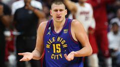 MIAMI, FLORIDA - JUNE 07: Nikola Jokic #15 of the Denver Nuggets reacts during the second quarter against the Miami Heat in Game Three of the 2023 NBA Finals at Kaseya Center on June 07, 2023 in Miami, Florida. NOTE TO USER: User expressly acknowledges and agrees that, by downloading and or using this photograph, User is consenting to the terms and conditions of the Getty Images License Agreement.   Mike Ehrmann/Getty Images/AFP (Photo by Mike Ehrmann / GETTY IMAGES NORTH AMERICA / Getty Images via AFP)