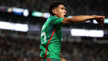 CHARLOTTE, NORTH CAROLINA - OCTOBER 14: Carlos Antuna #15 of M�xico reacts after scoring a goal during the second half of their match against Ghana at Bank of America Stadium on October 14, 2023 in Charlotte, North Carolina.   Jared C. Tilton/Getty Images/AFP (Photo by Jared C. Tilton / GETTY IMAGES NORTH AMERICA / Getty Images via AFP)