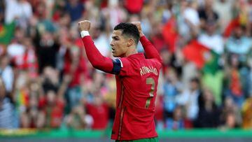 Cristiano Ronaldo of Portugal celebrates after William Carvalho scores a goal during the UEFA Nations League, league A group 2 match between Portugal and Switzerland at the Jose Alvalade stadium in Lisbon, Portugal, on June 5, 2022. (Photo by Pedro Fiúza/NurPhoto via Getty Images)