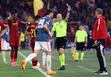 Mexico striker Santi Gimenez is shown a red card in the Europa League quarter-final against Roma. 
