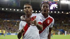 Peru&#039;s Paolo Guerrero, left, celebrates with teammate Andre Carrillo, after scoring a penalty kick against Brazil during the final soccer match of the Copa America at Maracana stadium in Rio de Janeiro, Brazil, Sunday, July 7, 2019. (AP Photo/Victor 