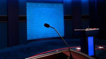 A view of US President Donald Trump&#039;s microphone on the debate set is seen as preparations are made for the final US Presidential debate between candidates US President Donald Trump and former US Vice President Joe R. Biden at Belmont University on O